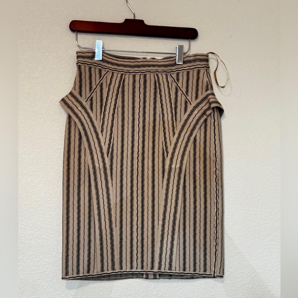 Herve Leger Tan Black Ribbed Pencil Skirt
